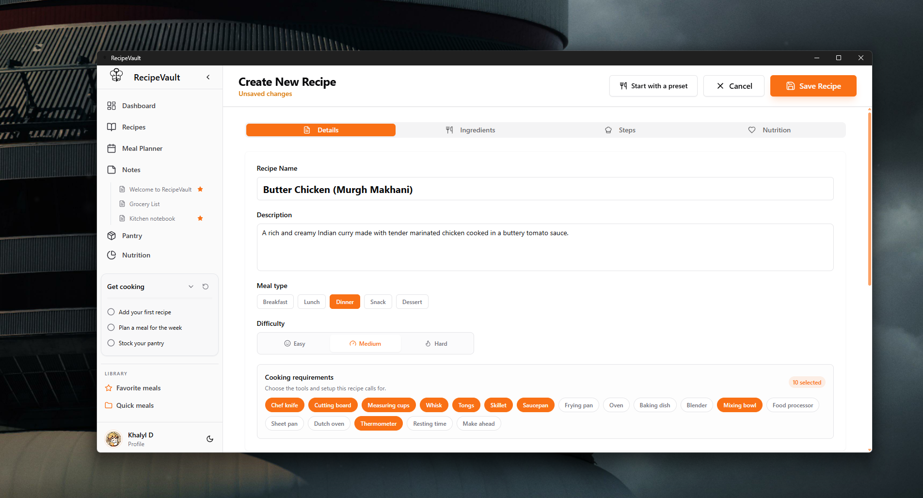 Create New Recipe details tab with meal type, difficulty, and cooking requirements