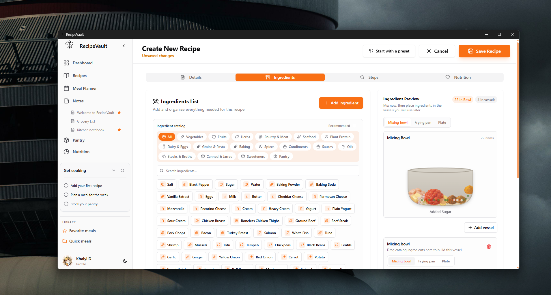 Ingredient catalog with categories for building a recipe