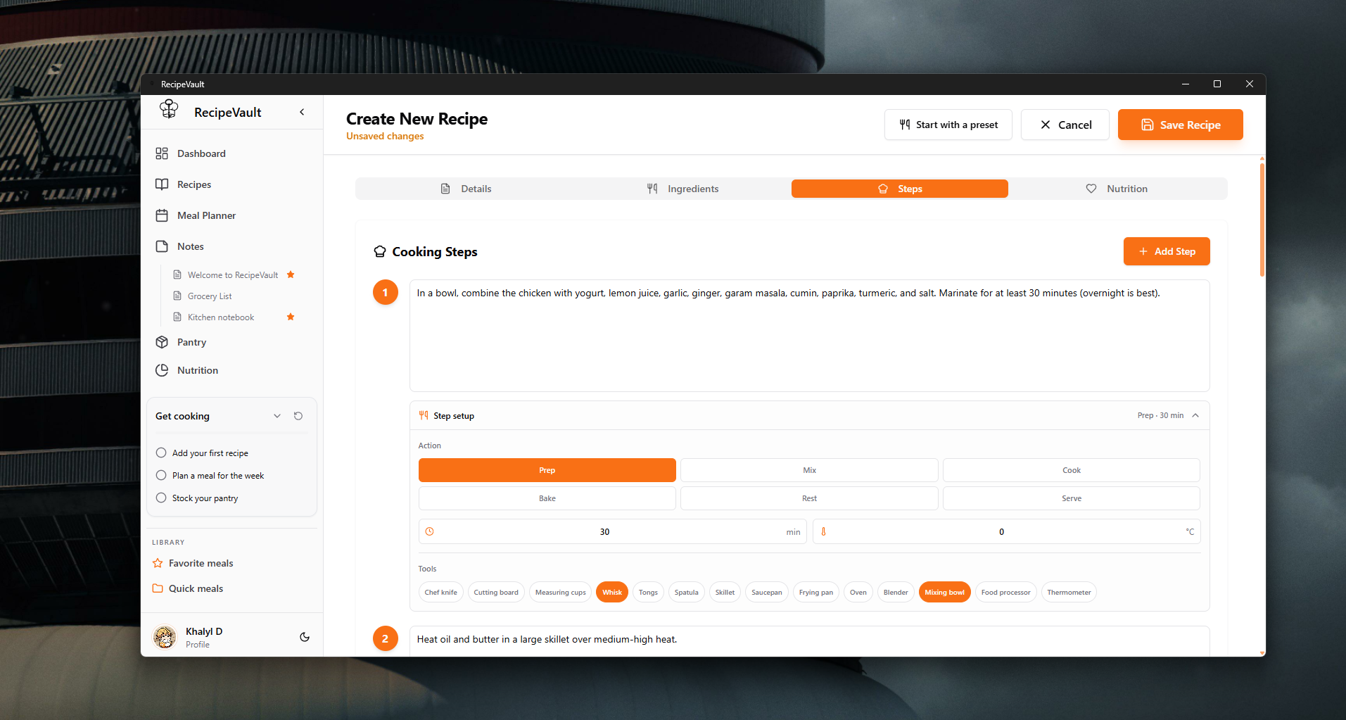 Cooking steps editor with action, timer, and tools