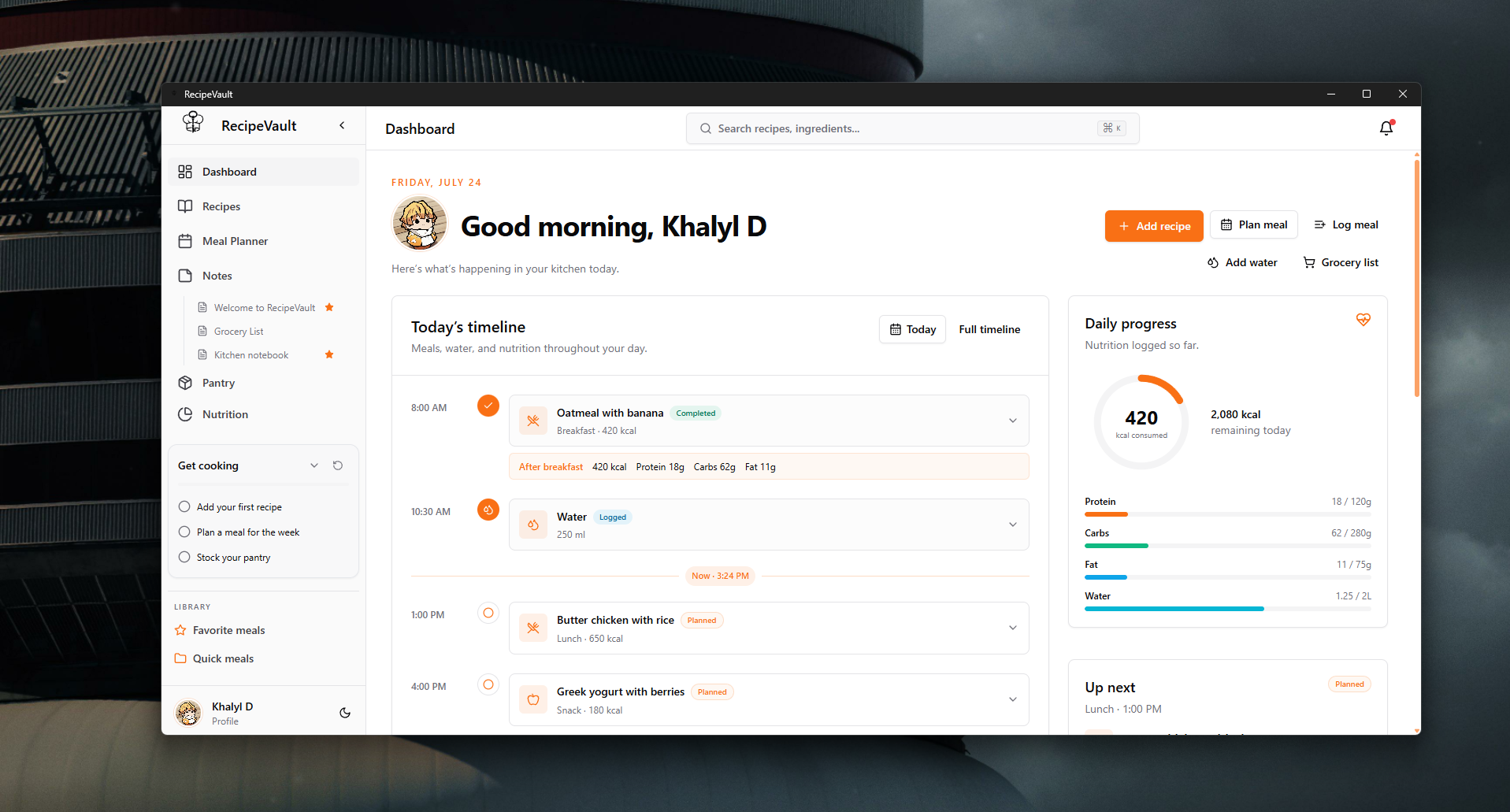 RecipeVault dashboard with daily timeline and nutrition ring