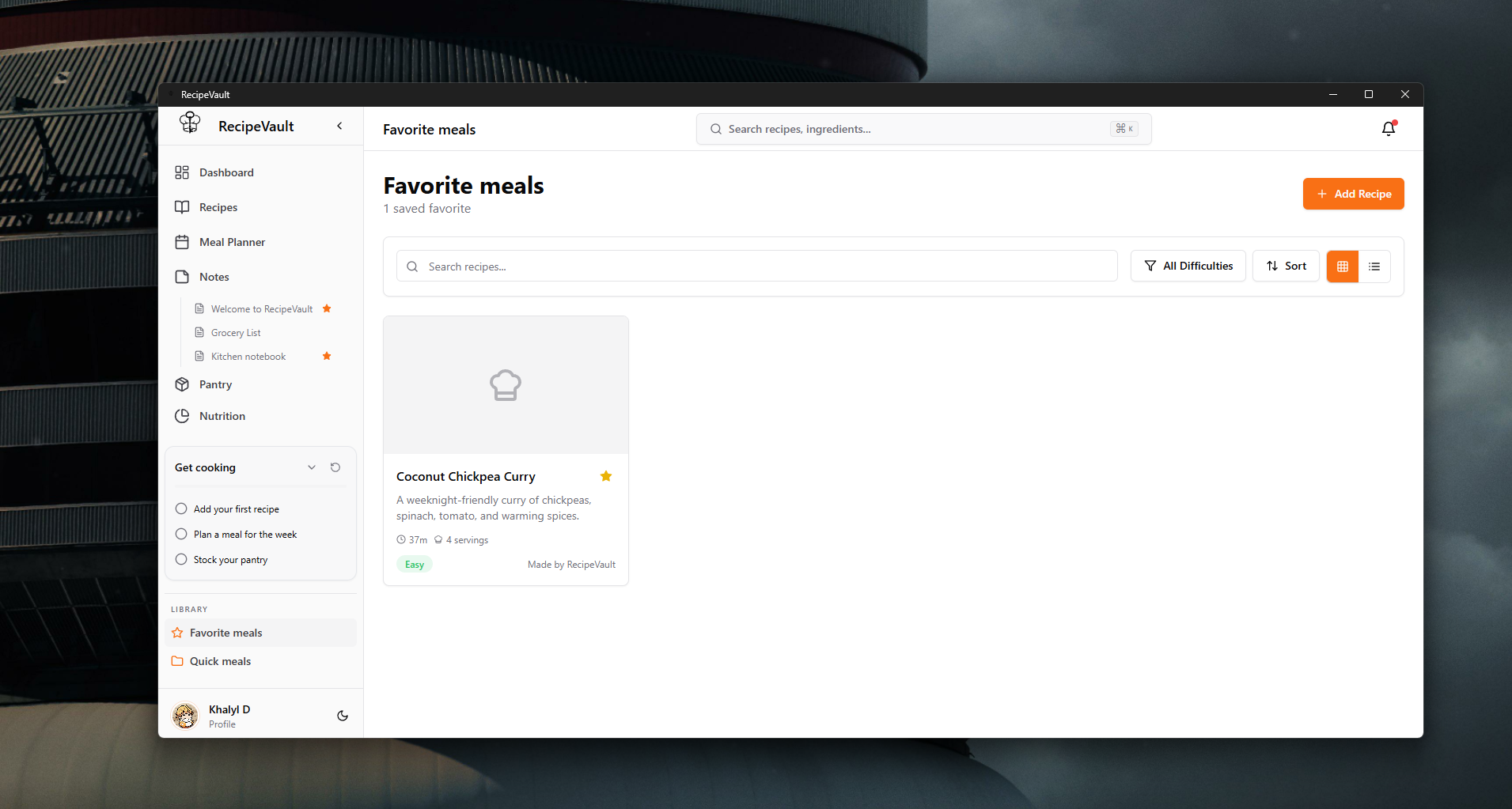 Favorite meals view with a saved recipe