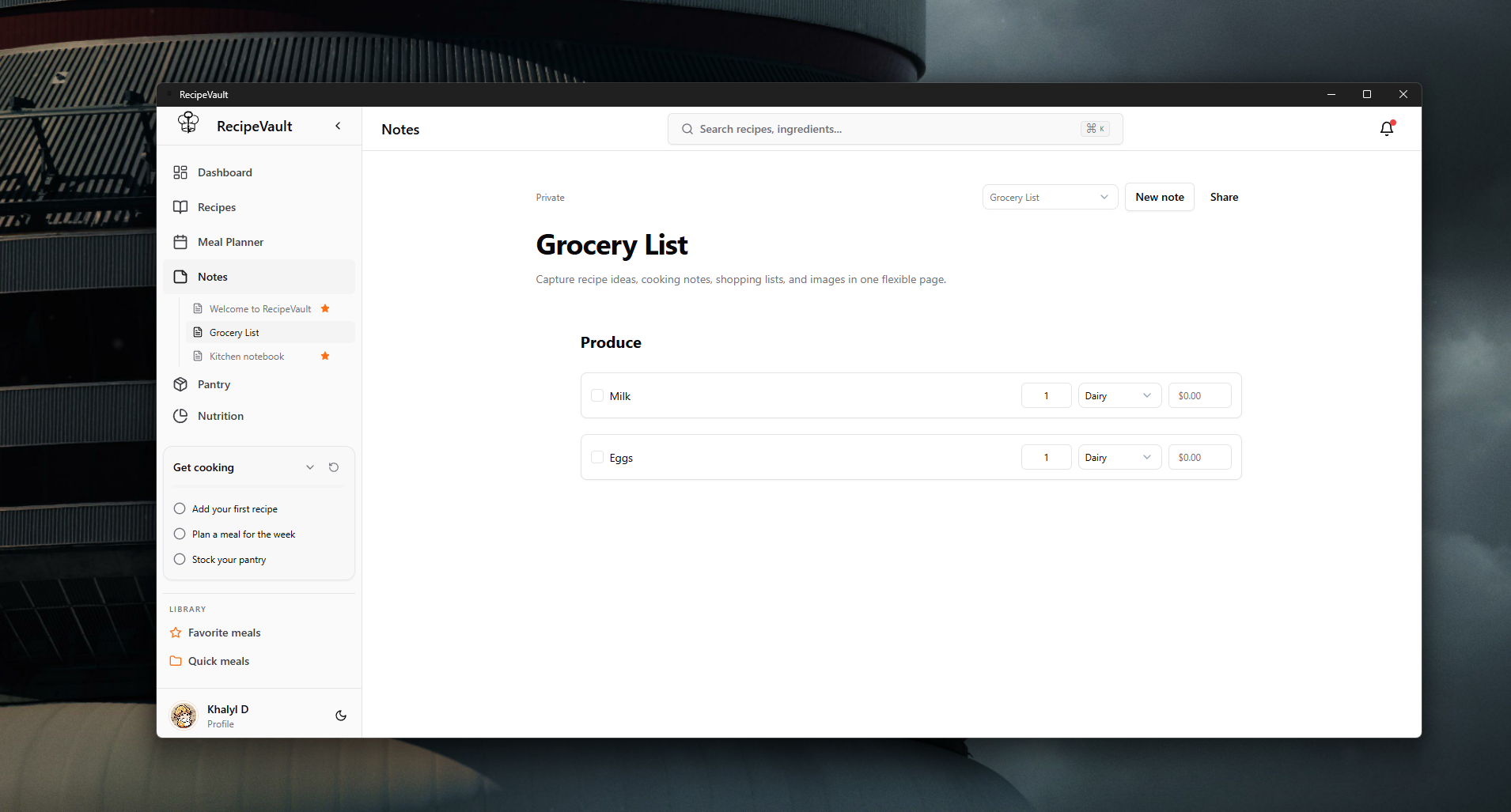 Grocery list note with items, quantities, and price