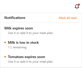 Notifications panel showing pantry alerts