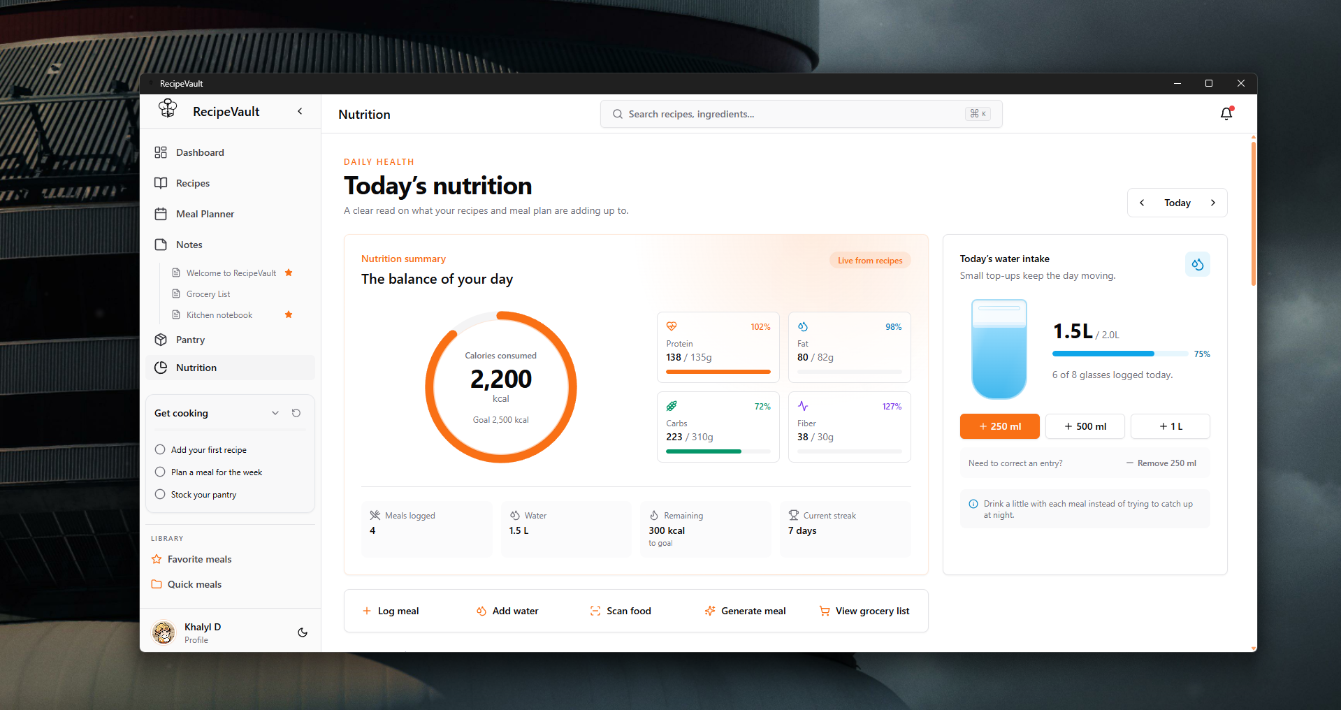 Today's nutrition summary with calories, macros, and water intake