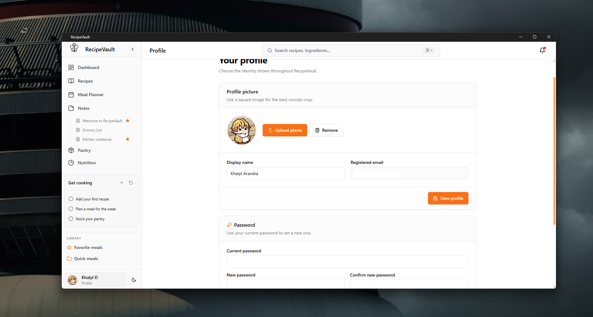 Profile page with picture, display name, email, and password change
