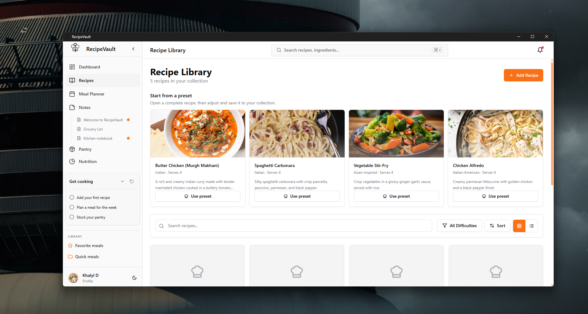 RecipeVault recipe library with presets and search